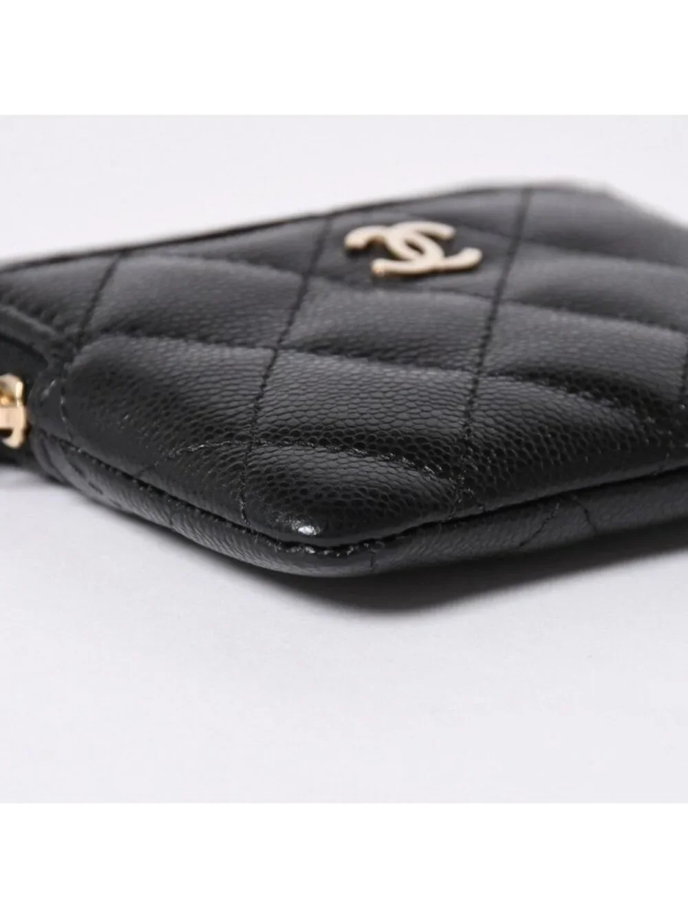 Chanel Classic Zip Coin Purse Stand CC Logo Caviar Leather Black Gold